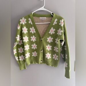 Willow & Wind V Neck Button Up Cardigan Women’s SZ S Green Daisy Long Sleeve